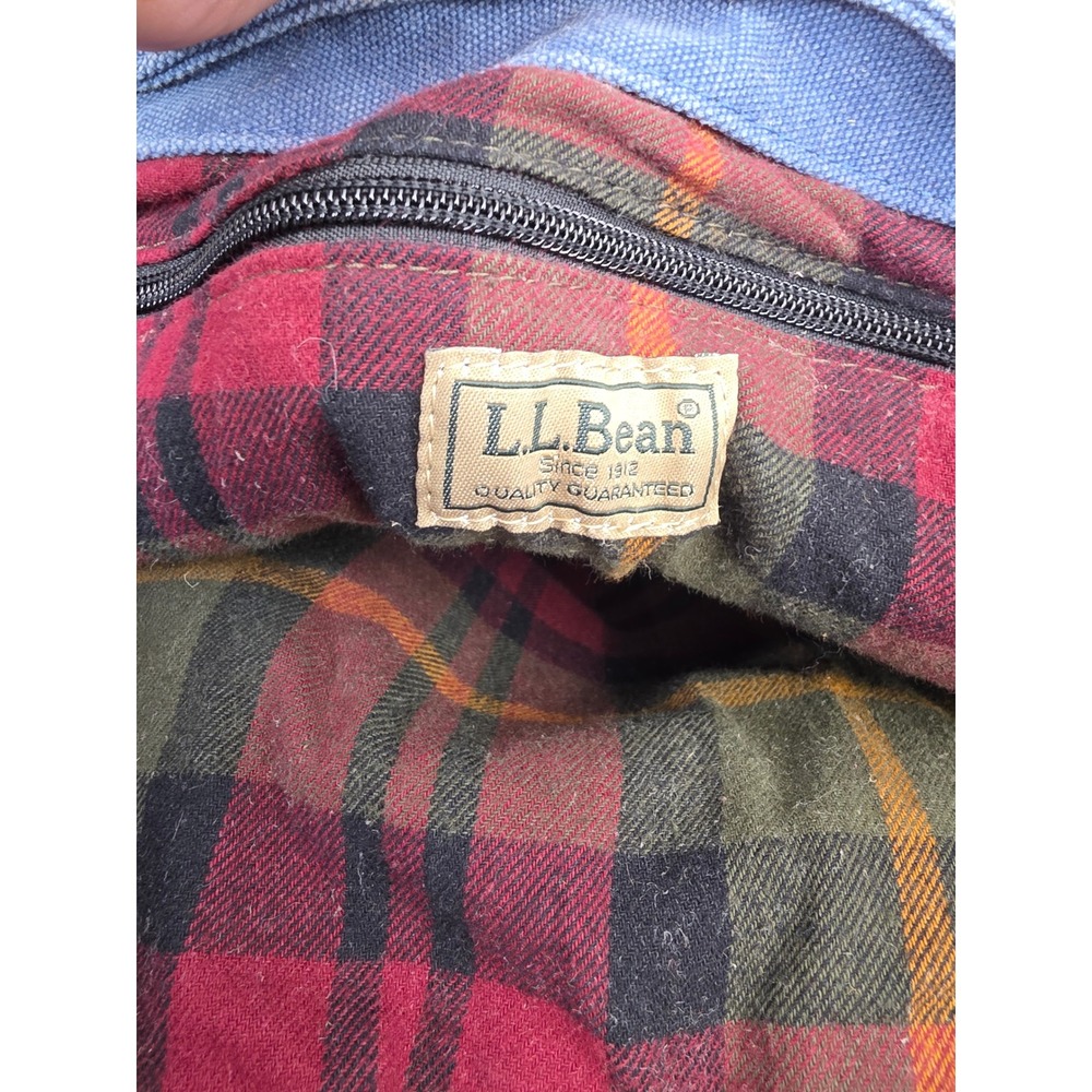 LL Bean Canvas Tote Bag Blue Olive Green Leather Handles Plaid Lining Monogram - Picture 4 of 6
